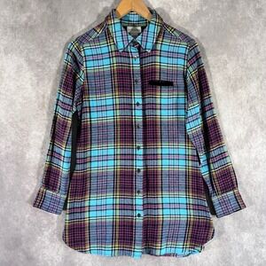 Soft Surroundings Button Women Small Turquoise Magenta Plaid Velvet Back Flannel
